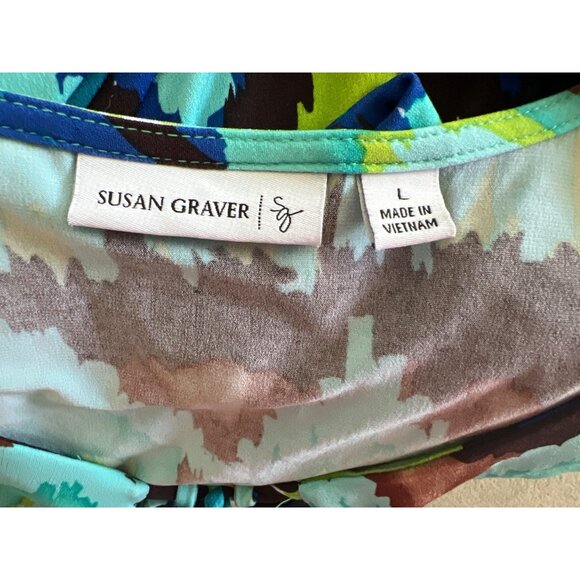 Susan Graver Women's Turquoise & Brown Abstract Print Top 3/4 Sleeve Size L Lg - Picture 4 of 5